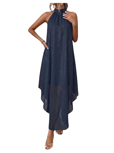 Verdusa Women’s Formal Wedding Guest Dresses Halter Flowy Long Dresses | Bouncy Dress, Cocktail Dress, Asymmetrical, Sleeveless, Prom Dress, Chiffon, Sequin Blue, Medium
