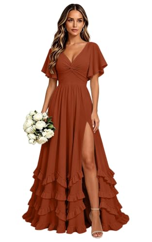 Chiffon Formal Dresses for Women Long Bridesmaid Dresses with Ruffle Slit Burnt Orange-8