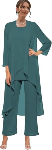 Plus Size Mother of The Bride Pant Suits for Wedding Chiffon Jacket Formal Dress with Sleeves Teal Evening Gown US 26