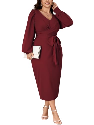 SHESTARR Womens Plus Size Bodycon Midi Dress Long Sleeve V Neck Cross Front | Cocktail Party Dresses, Waist Tie, Knitted, High Stretch
