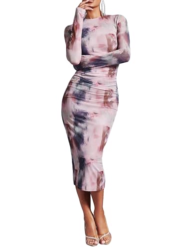 GORGLITTER Women's Mesh Long Sleeve Wedding Guest Cocktail Party Midi Dress