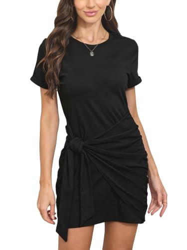 Yulaviniee Womens Summer Short Sleeve Cinched-Waist Wrap T-Shirt Mini Dress