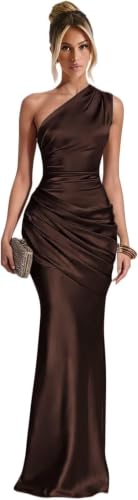 Satin One Shoulder Bridesmaid Dresses for Wedding Chocolate Formal Gowns US6