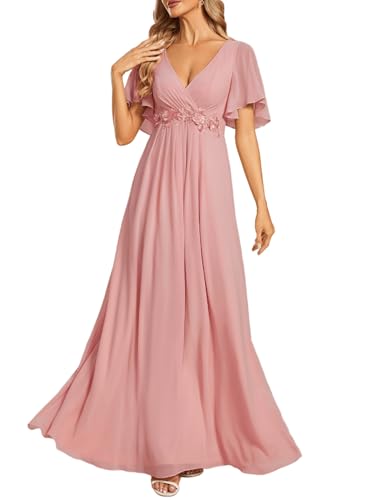 Ever-Pretty Women's Spring Short Sleeve Bridesmaid Dresses V-Neck Chiffon Ruched Empire Waist Appliques Long Formal Dress Dusty Rose US18