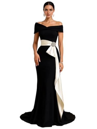 JCZYDHDQD Elegant Mermaid Prom Dress Off-the-Shoulder Short Sleeves Sweep Train Stretch Crepe with Ruched Chic Evening Dress Black White