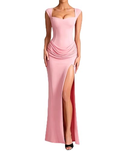 HUROGON Women Formal Long Dress Ruched High Slit Sexy Wedding Guest Dress | |Sleeveless Bodycon Elegant Maxi Evening Gown Cocktail Prom Bridesmaid Gala Dress(Pink,L)