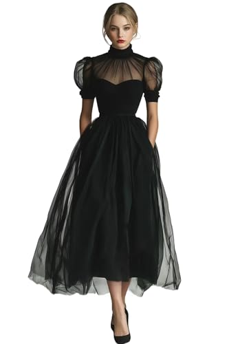 Dydsz High Neck Black Prom Dress for Women Midi Formal Evening Gown 12 | Illusion Puffy Sleeve Tea Length A Line Tulle with Pocket for Wedding Guest,Birthday,Party,Bridesmaid,Homecoming,Graduation