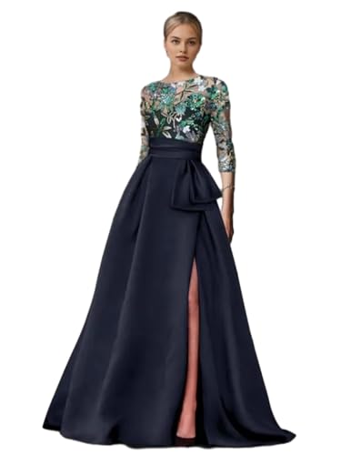 JCZYDHDQD Fashion A-Line Prom Dress 3/4 Length Sleeve Boat Neck Floor Length Satin with Bow Slit Elegant Evening Dress Dark Navy Blue