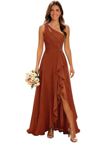Jalunian Chiffon Burnt Orange Bridesmaid Dress One Shoulder Formal Dress 6 | Long Ruffle Slit Corset Back Evening Party Gown for Women