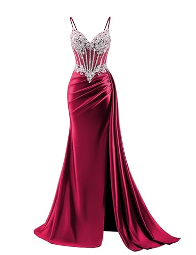 Wine Red Women's Satin Beaded Prom Dress Mermaid Formal Dress