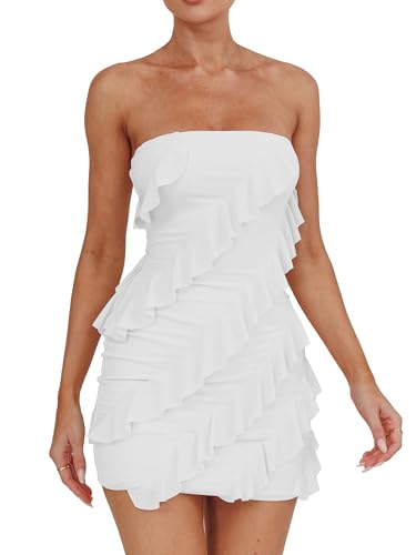 HOCILLE Women's Sexy Strapless Tube Top Bodycon Sleeveless Ruffle Mini Party Dress, X-Small, White