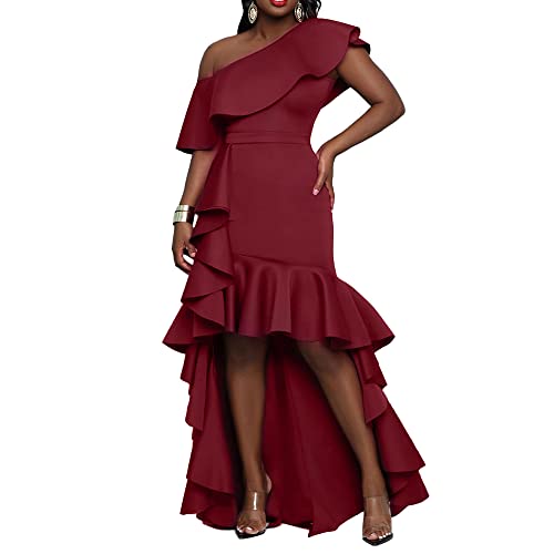 IWFEV Asymmetric One Shoulder Falbala Mermaid Dress Sleeveless Women's Maxi Dress Ruffle Dress XL Wine