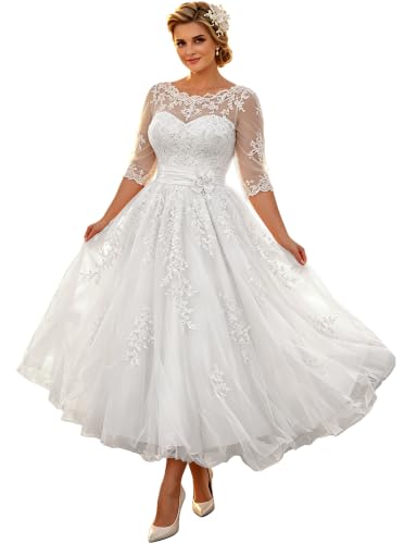 Plus Size Wedding Dress for Bride with Long Sleeve Lace Appliques Tulle Bridal Gowns for Women 2026 A-White,US16 Plus