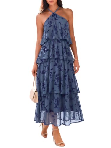 Lillusory Women’s Halter Floral Wedding Guest Formal Cocktail Maxi Dresses | Summer Flowy Outfits, Tiered Ruffle Spring & Fall Elegant Dress for Church, Dressy Brunch, Vacation Cruise Outfits