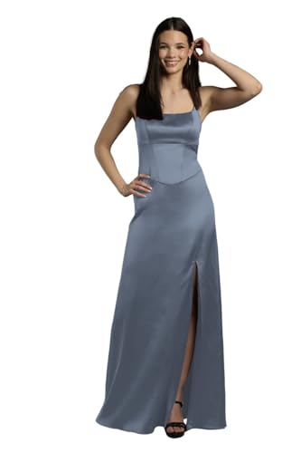 David's Bridal Stretch Satin Basque Waist Sheath Dress, Size 4, Steel Blue | Women's
