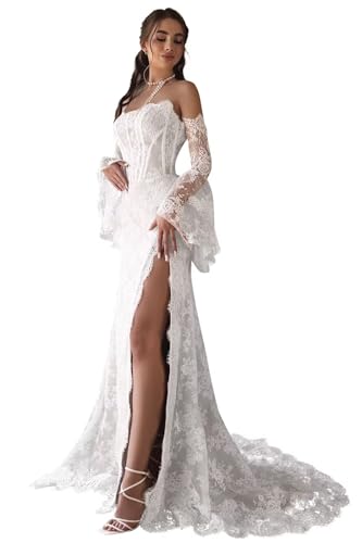 Strapless Mermaid Wedding Dresses 2026 for Bride Detachable Sleeves White Lace Applique Side Slit Off Shoulder Bridal Gowns with Trail Size 0