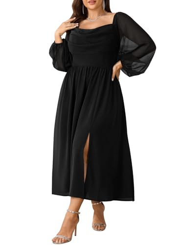 SHESTARR Women's Plus Size Chiffon Long Sleeve Cowl Neck Maxi Dress Black