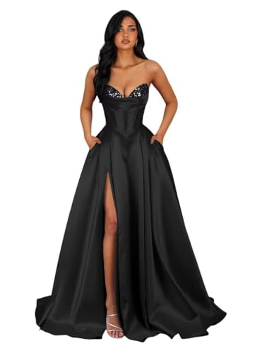 Strapless A Line Beaded Satin Sparkly Prom Dresses with Pockets | modest,flowy,sleeveless,beaded,sequin,maxi formal evening dress,wedding guest dress,cocktail gowns for teens 2026 size8
