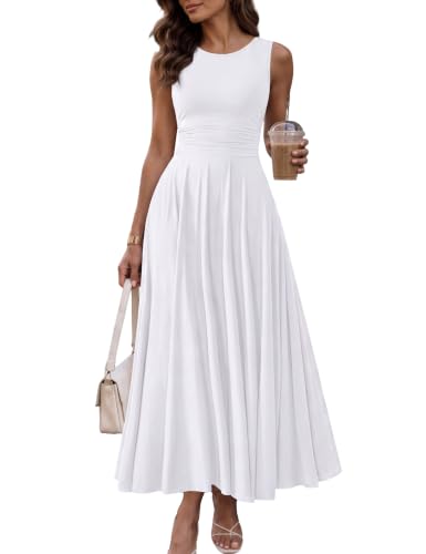 OYS Women's Sleeveless Crew Neck Tank Casual A-line Flowy Long Dress White