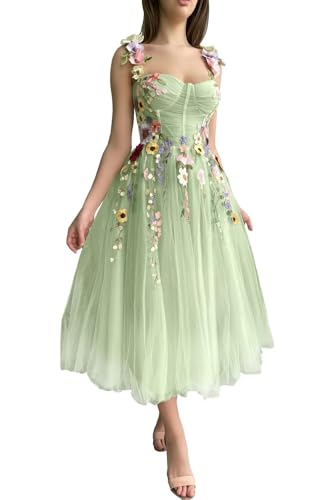 Fivsole 3D Flower Applique Prom Dress Tulle Formal Gown Sage Green 12