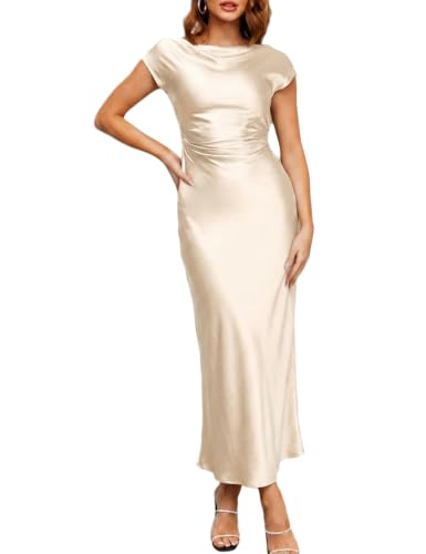 Gmeitoey Women's Formal Satin Backless Midi Dress Cocktail Wedding Guest