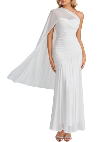 Parthea One Shoulder Flowy Ruched Bodycon Formal Wedding Guest Dress White | Cape Sleeve Fall Long Dress, Cocktail Evening Party Prom Bridesmaid Maxi Gown, Flowing Sheer Hem