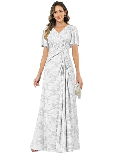 Long Mother of the Bride Dresses White Lace Short Sleeves Evening Dresses for Women 16