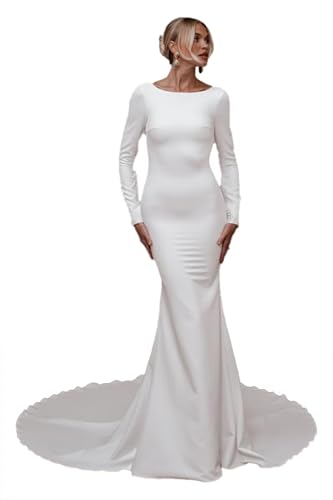 Boho Wedding Dresses for Bride Long Sleeve Beach Mermaid Bridal Dress with Train Simple Civil Wedding Gowns Backless Ivory US16 He901212
