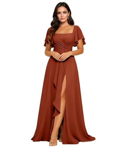 Womens Mother of The Bride Dress Plaeted Chiffon Formal Dress Rust Red