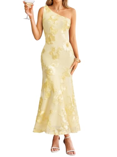 Simplee Womens Formal Wedding Guest Dresses Summer Cocktail Maxi Bodycon Dress Apricot One Shoulder Elegant Tea Party Prom Bridal Shower Pretty Garden Floral Dress (White Yellow S)