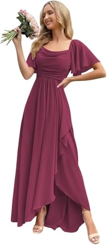Eldecey Short Sleeves Aline Bridesmaid Dresses Chiffon for Women Long Slit 2026 Cowl Neck Maxi Dresses Mulberry Ruffles Formal Evening Party Dress Plus Size US28W