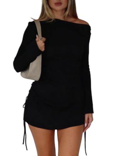 Women's One Off The Shoulder Mini Dress Ruched Bodycon Knit Dress Black