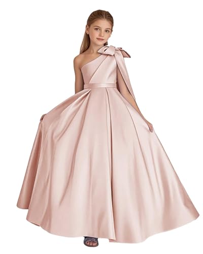One Shoulder Flower Girl Dress with Pockets A Line Satin First Communion Dresses Pageant Dress Ball Gown with Bow TJ15 14