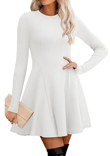 OFEEFAN Petite Dresses for Women Long Sleeve Crew Neck Going Out Dress A Line Flare Mini Dresses White XS