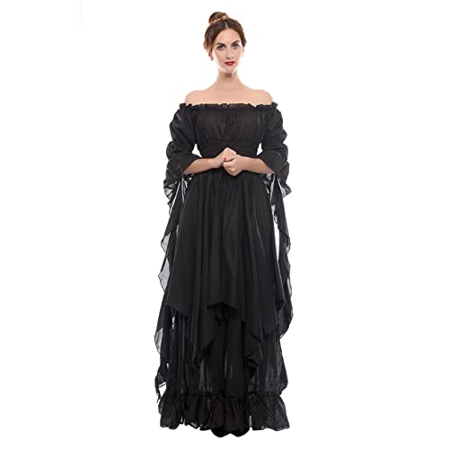 LTAKK Renaissance Dress Medieval Costume Victorian Dresses Women Peasant Gothic Fairy Witch Wedding Under Dress, Black, L/XL