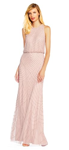 Adrianna Papell Womens Art Deco Beaded Blouson Dress with Halter Neckline, Blush, 16