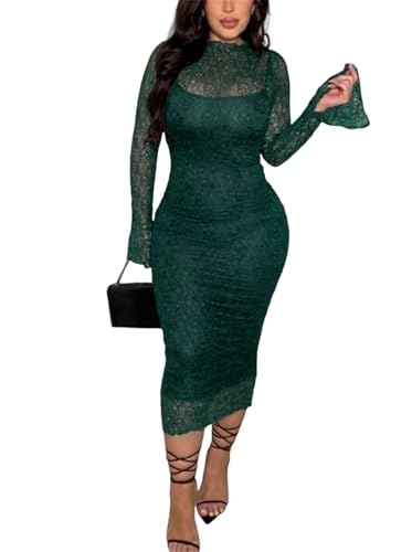 CALEBGAR Women's Elegant Bodycon Midi Dress Lace Sheer Mesh Long Sleeve Slim Fit Long Dress Party Cocktail Wedding Guest Dress Dark Green