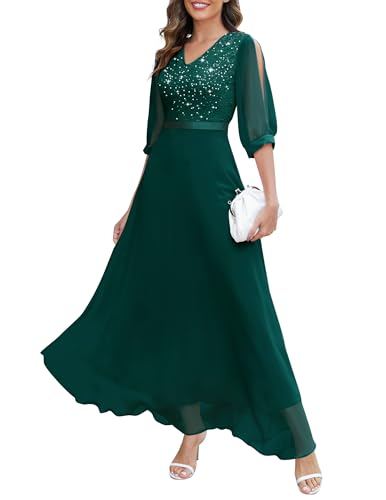 Wedtrend Dark Green Women's Sequin Cocktail Dress 3/4 Sleeve Wedding Guest Dress Sparkly Floor Length Fromal Dress Bridesmaid Dress WT0317DarkGreen2XL