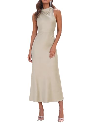 Halfisland Womens Satin High Neck Backless Sleeveless Cocktail Midi Dress | Elegant,Mock Neck,High Waist,Cross Back,Open Back,Formal,Summer,Bridesmaid,Wedding Guest,Gowns,Party,Graduation,Homecoming