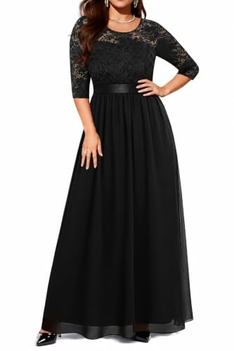 Plus Size Black Formal Gowns Evening Dresses Lace Wedding Prom Party 3/4 Sleeve Long Maxi Elegant Dresses for Women