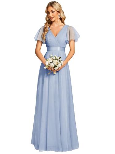 Ever-Pretty Women's Mother of Bride Dress Double V-Neck Empire Waist Front Wrap Tulle Bridesmaid Dress Ice Blue US8