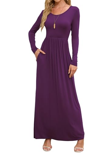 DEARCASE Women's Maxi Dress Long Sleeve Empire Waist,Purple Violet,Small