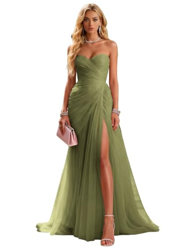 Tulle Strapless Bridesmaid Dresses Pleated A Line Prom Dress for Women | A Line,Pleated,Backless,Tulle Strapless,Sweetheart,Slit,Versatile Formal Gown for Bridesmaid, Wedding Guest, Prom, Banquet