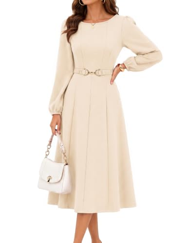 Women's Boat Neck Fall Semi Formal Midi Dress for Wedding Guest Apricot M