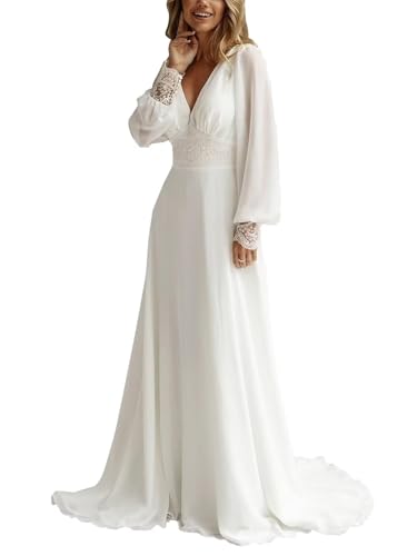 Womens Ivory Lace Wedding Dresses for Bride with Sleeves Long Bridal Dresses for Bride Chiffon Sexy V Neck Boho A Line Long Sleeves Wedding Gowns with Beaded US16