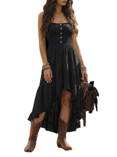 SHENHE Women's Western Dress Ruffle Hem High Low Smocked Flowy Dress Black