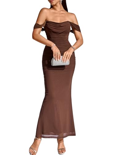 KUTUMAI Women Off Shoulder Maxi Long Corset Formal Wedding Guest Dress | 2 Bones, Mesh Ruched, Bodycon Elegant Gowns for Cocktail Party Bridesmaid Evening Prom