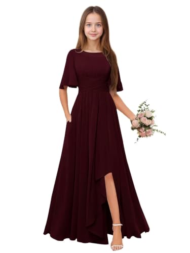Qgeno Junior Bridesmaid Dresses for Teen Girls Size 14-16 Burgundy Chiffon Flower Girl Dress Long with Sleeves Slit Formal Girl Gown