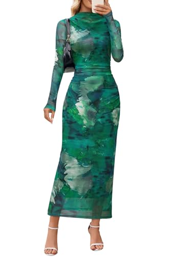 MEROKEETY Women Fall Long Sleeve Wedding Guest Maxi Dress, Green, L | 2026 Bodycon, Mesh, Slim Fit, Winter Cocktail Party, Semi Formal, Birthday, Date Night, Prom Elegant Long Dresses