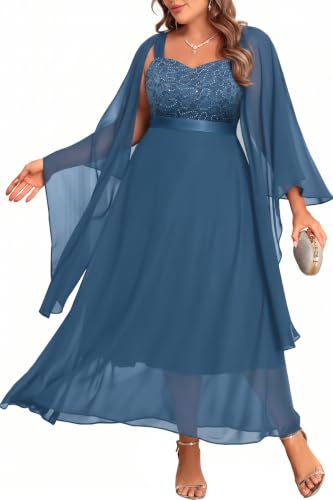 Plus Size Wedding Guest Gray Blue Formal Mother Dress with Shawl